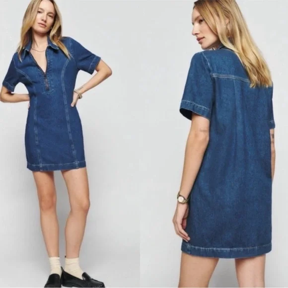 Reformation 12 Loeb Denim Mini Dress 1/4 Zip Up western country festival - Picture 5 of 9